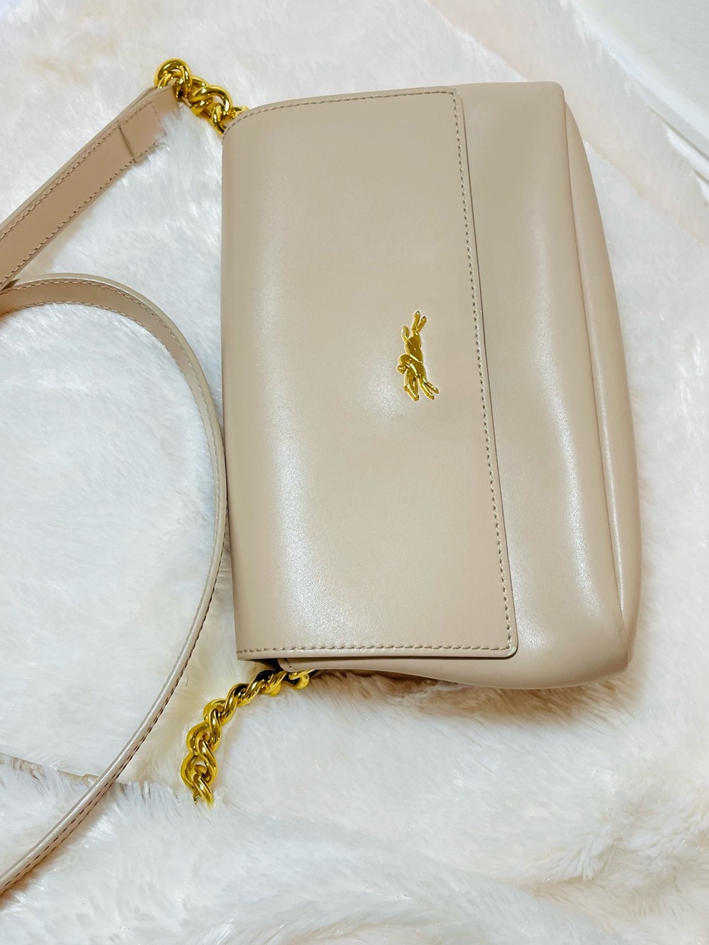 Longchamp Authentic Made in France Elegant Beige Crossbody Bag with Gold Accent